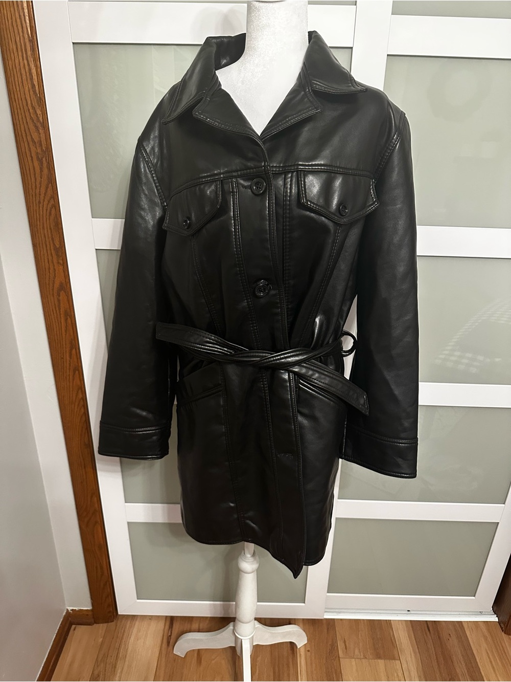 Women's Black Leather Belted Trench Jacket